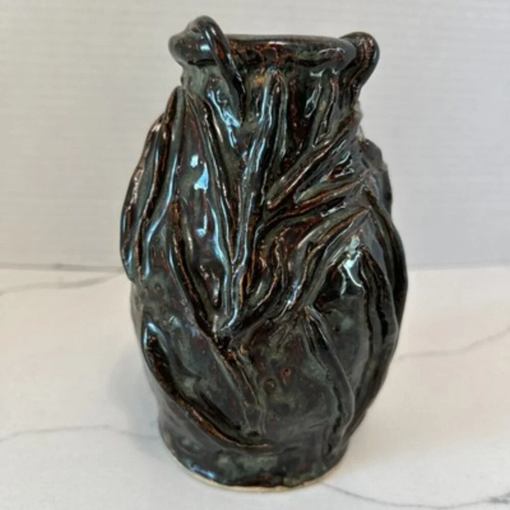 Vtg Handmade Studio Pottery Vase Brown Glaze W/ Decorative Pattern